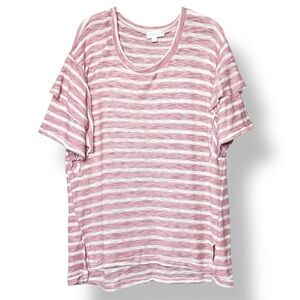 Suzanne Betro Weekend Casual Boho Top Large pink stripe distressed ruffle sheer